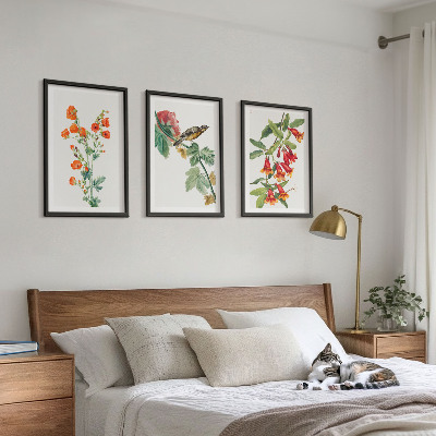 Three-piece wall art piece Painted flowers and a bird