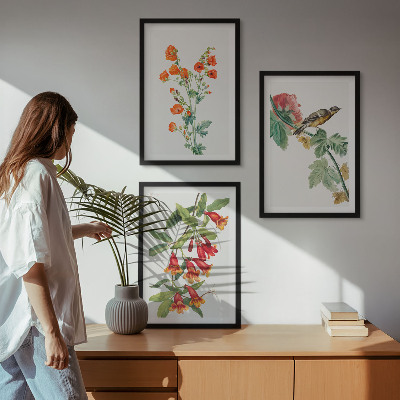 Three-piece wall art piece Painted flowers and a bird