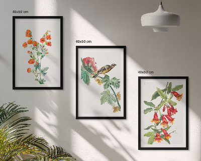 Three-piece wall art piece Painted flowers and a bird