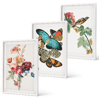 Three-piece wall art piece Flowers butterflies bird pastel