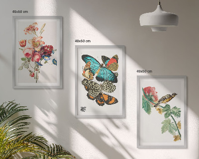 Three-piece wall art piece Flowers butterflies bird pastel