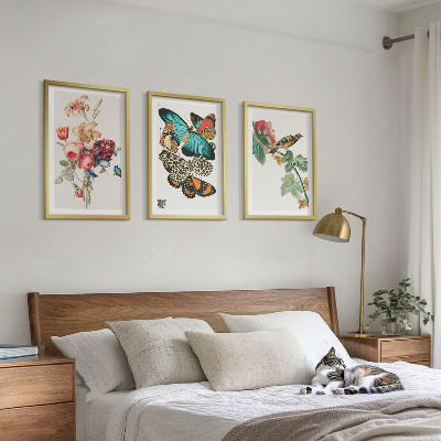 Three-piece wall art piece Flowers butterflies bird pastel