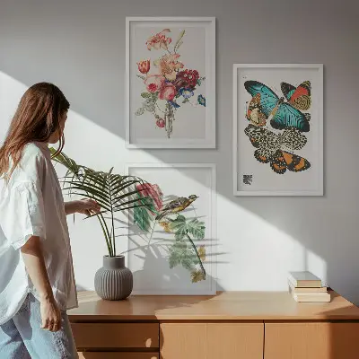 Three-piece wall art set featuring a pastel floral butterfly and bird design