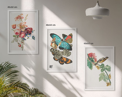 Three-piece wall art piece Flowers butterflies bird pastel