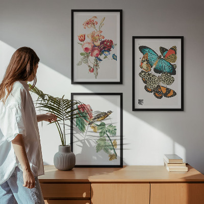 Three-piece wall art piece Flowers butterflies bird pastel