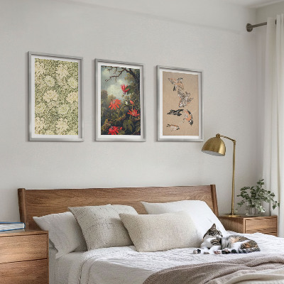 Set of 3 framed wall art pieces Flowers birds nature