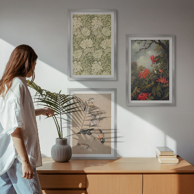 Set of 3 framed wall art pieces Flowers birds nature