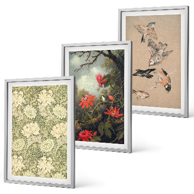 Set of 3 framed wall art pieces Flowers birds nature