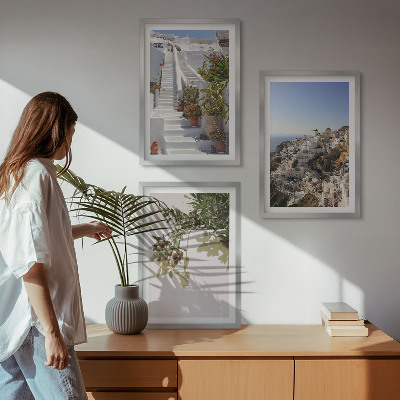Wall art set White stairs Santorini view