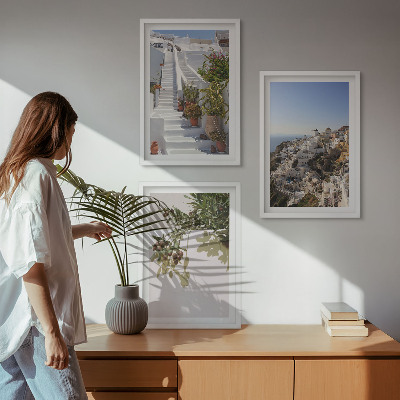 Wall art set White stairs Santorini view
