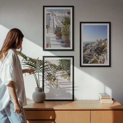 Wall art set White stairs Santorini view