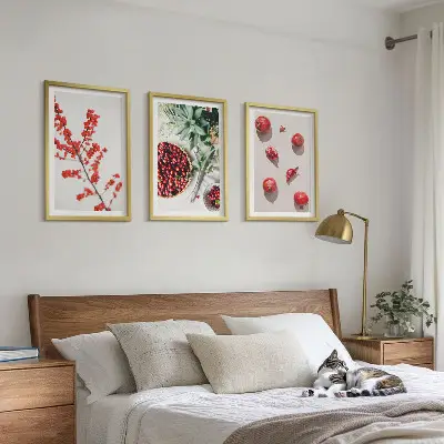 Three-piece botanical wall art set minimalist red fruit design