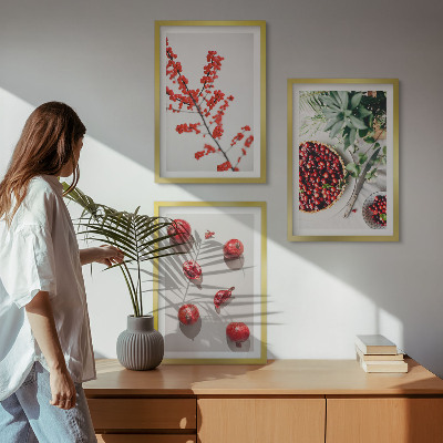 Three-piece wall art piece Red fruits of plants minimalism