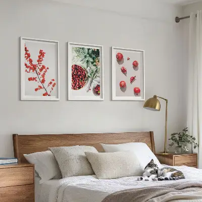 Three-piece botanical wall art set minimalist red fruit design