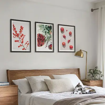 Three-piece botanical wall art set minimalist red fruit design