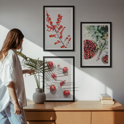 Three-piece wall art piece Red fruits of plants minimalism