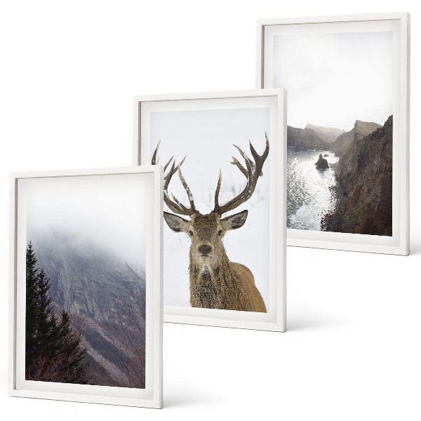 Set of 3 framed wall art pieces Mountain landscape with deer