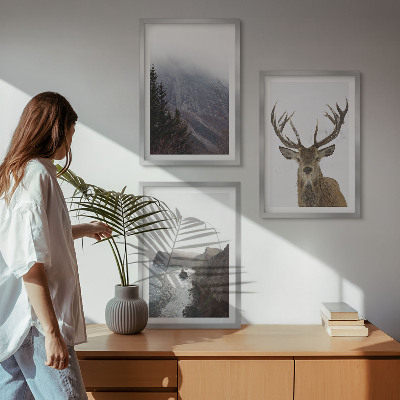 Set of 3 framed wall art pieces Mountain landscape with deer