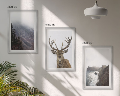 Set of 3 framed wall art pieces Mountain landscape with deer