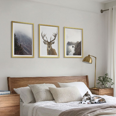 Set of 3 framed wall art pieces Mountain landscape with deer