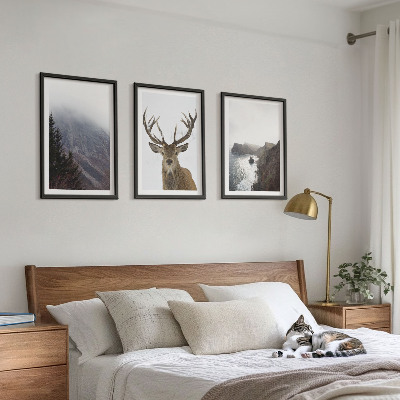 Set of 3 framed wall art pieces Mountain landscape with deer