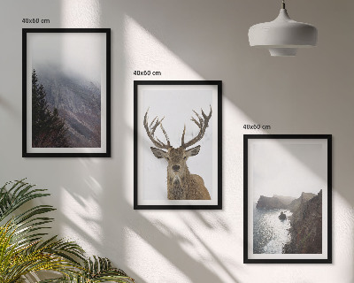 Set of 3 framed wall art pieces Mountain landscape with deer