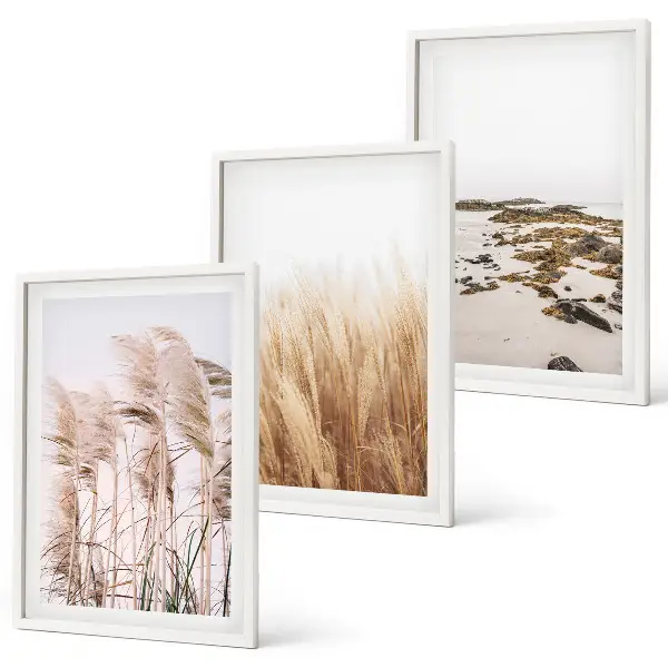 Pampas grass and boho beach wall art set with bohemian coastal scenery