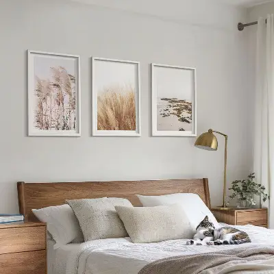 Pampas grass and boho beach wall art set with bohemian coastal scenery