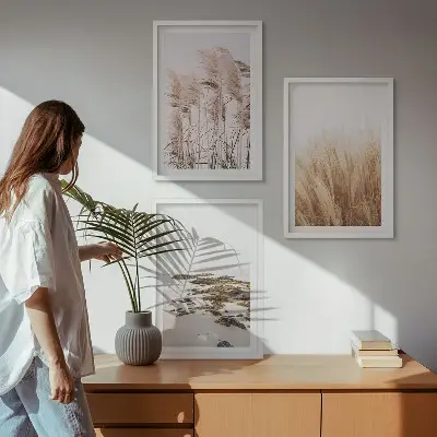 Pampas grass and boho beach wall art set with bohemian coastal scenery