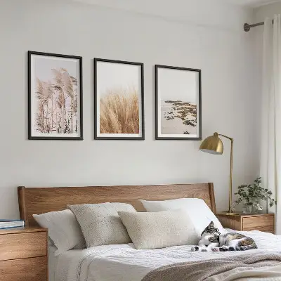 Pampas grass and boho beach wall art set with bohemian coastal scenery