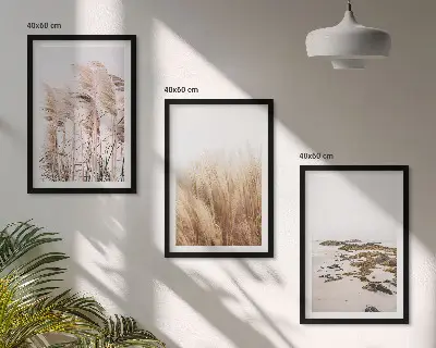 Pampas grass and boho beach wall art set with bohemian coastal scenery