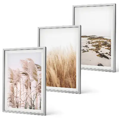 Pampas grass and boho beach wall art set with bohemian coastal scenery