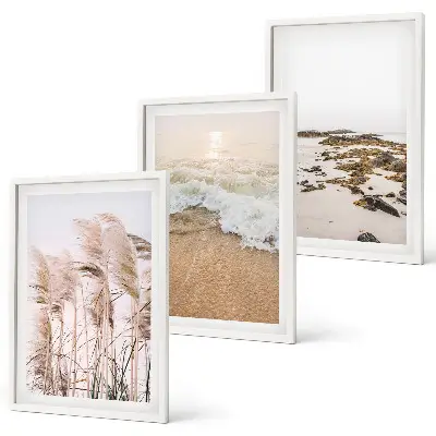 Three-piece wall art beach grass waves and stones boho style canvas set