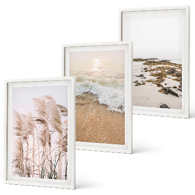 Three-piece wall art piece Beach grass waves stones boho