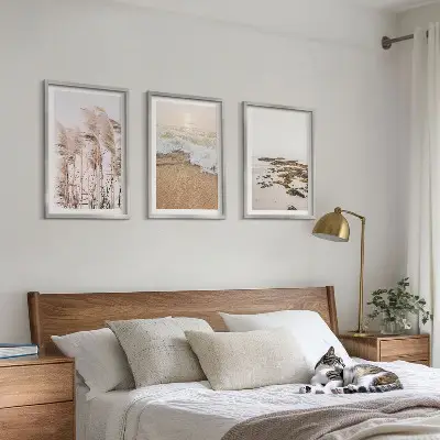 Three-piece wall art beach grass waves and stones boho style canvas set