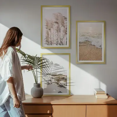 Three-piece wall art beach grass waves and stones boho style canvas set