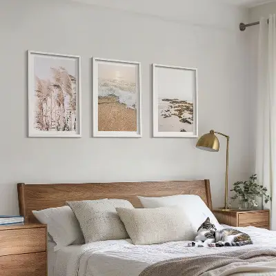 Three-piece wall art beach grass waves and stones boho style canvas set