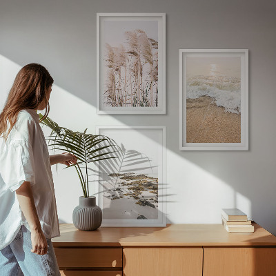 Three-piece wall art piece Beach grass waves stones boho
