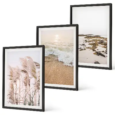 Three-piece wall art beach grass waves and stones boho style canvas set