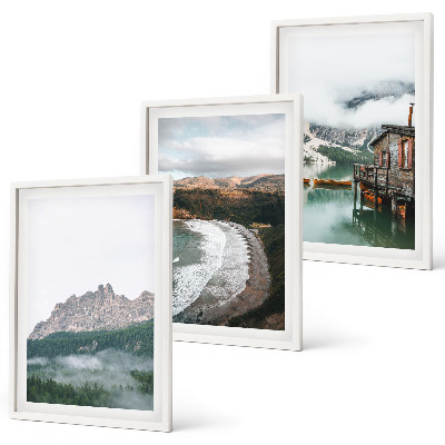 Set of 3 framed wall art pieces Mountain beaches wooden house