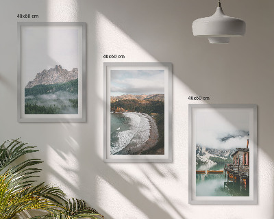 Set of 3 framed wall art pieces Mountain beaches wooden house