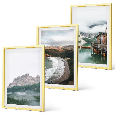 Set of 3 framed wall art pieces Mountain beaches wooden house