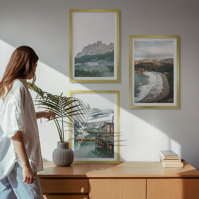 Set of 3 framed wall art pieces Mountain beaches wooden house
