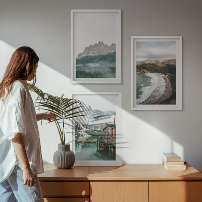 Set of 3 framed wall art pieces Mountain beaches wooden house