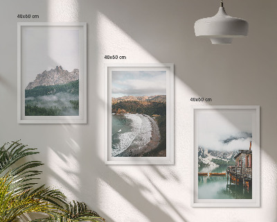 Set of 3 framed wall art pieces Mountain beaches wooden house