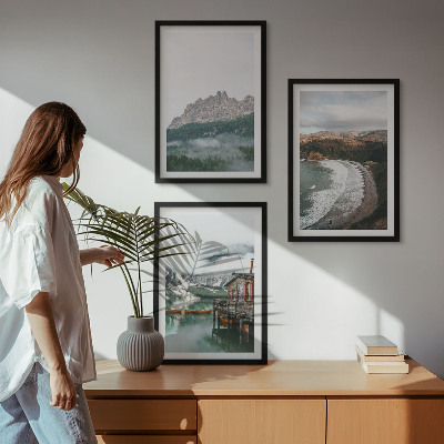 Set of 3 framed wall art pieces Mountain beaches wooden house