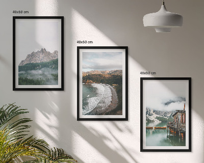Set of 3 framed wall art pieces Mountain beaches wooden house