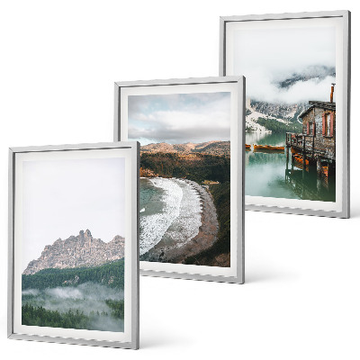 Set of 3 framed wall art pieces Mountain beaches wooden house