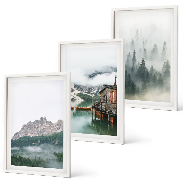Set of 3 framed wall art pieces Mountains, lake, cottage, fog