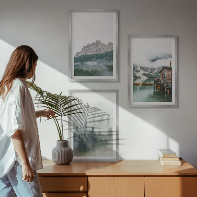 Set of 3 framed wall art pieces Mountains, lake, cottage, fog